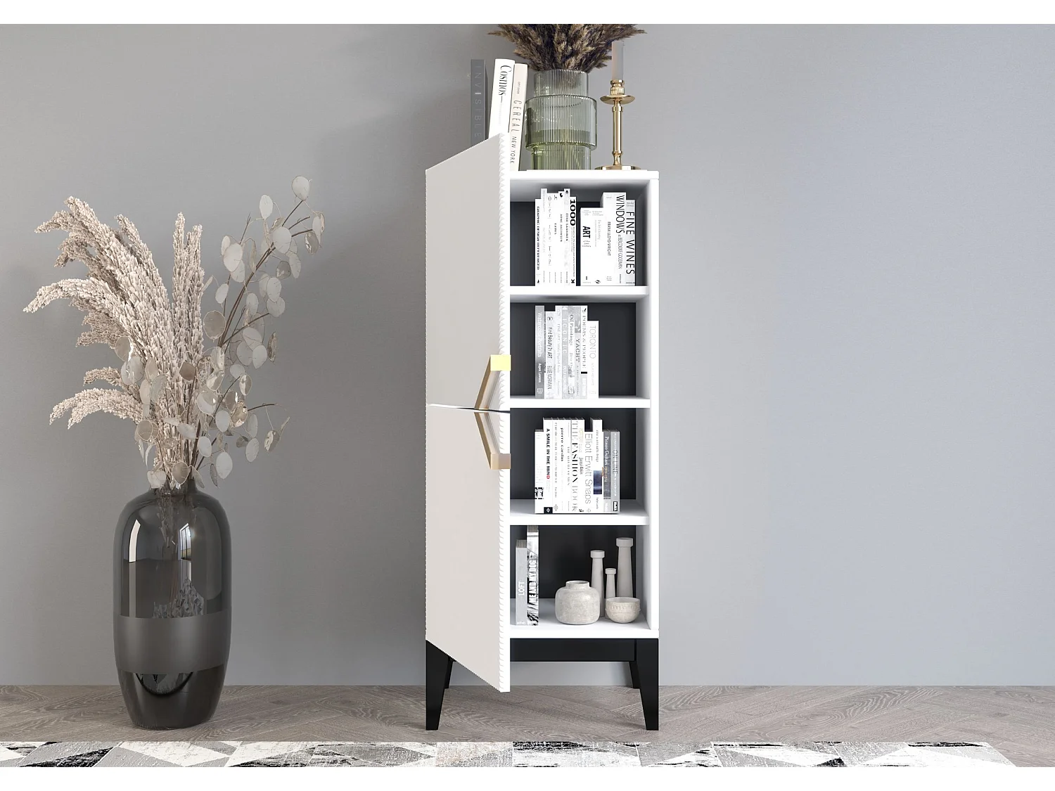 Highboard Demi 2d high, weiß-schwarz-gold, mit gefrästen fronten, massive buche