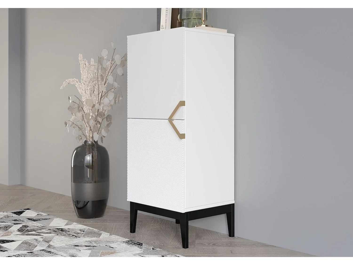 Highboard Demi 2d high, weiß-schwarz-gold, mit gefrästen fronten, massive buche