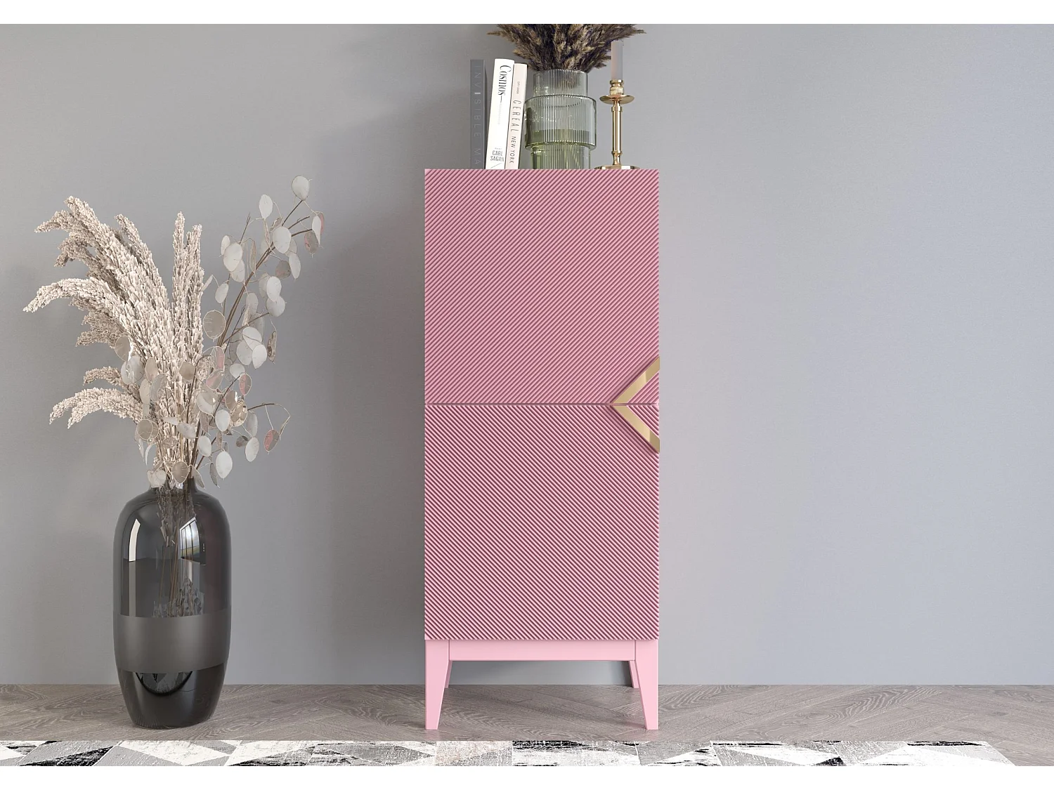 Highboard Demi 2d high, pink-gold, mit gefrästen fronten, massive buche
