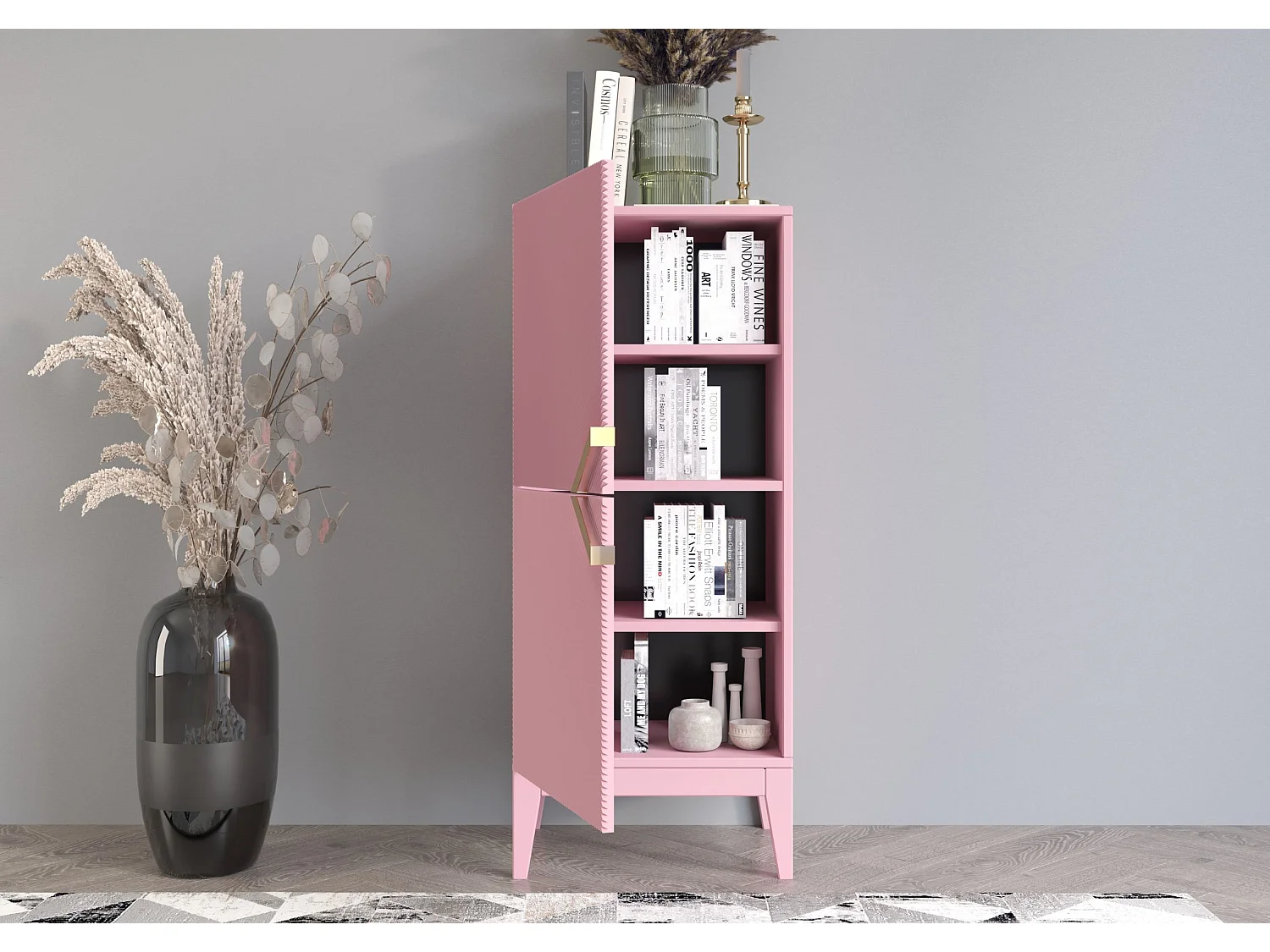 Highboard Demi 2d high, pink-gold, mit gefrästen fronten, massive buche