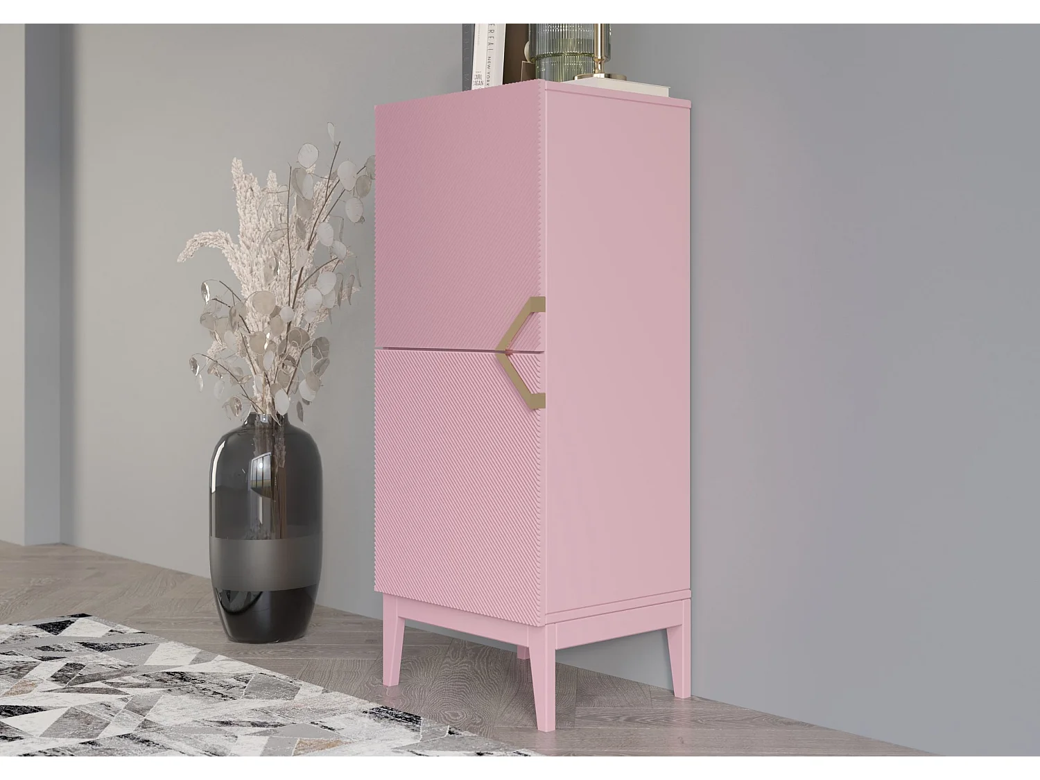 Highboard Demi 2d high, pink-gold, mit gefrästen fronten, massive buche