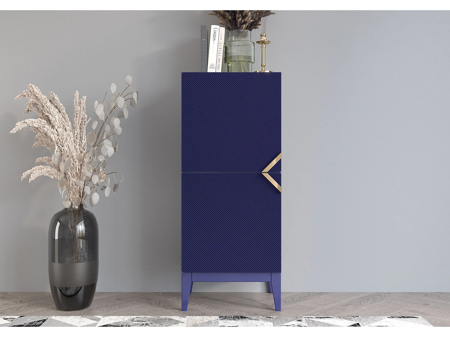 Highboard Demi 2d high, marinblau-gold, mit gefrästen fronten, massive buche