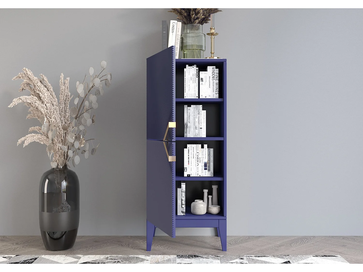 Highboard Demi 2d high, marinblau-gold, mit gefrästen fronten, massive buche