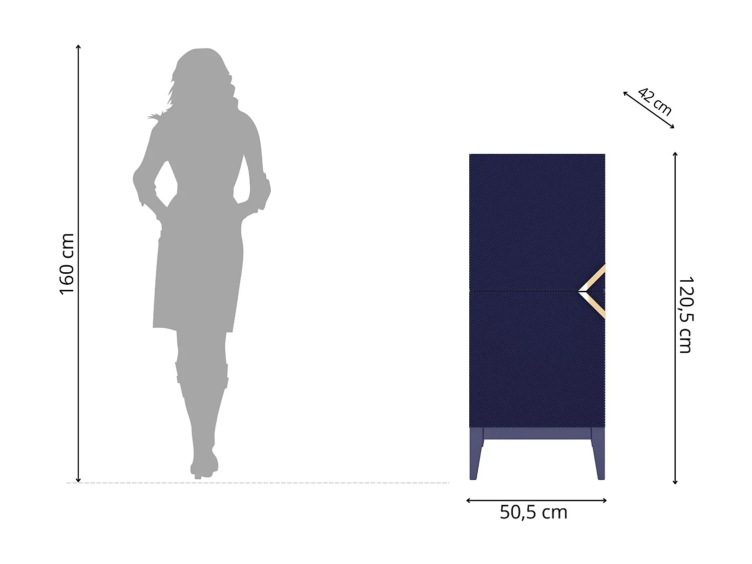 Highboard Demi 2d high, marinblau-gold, mit gefrästen fronten, massive buche