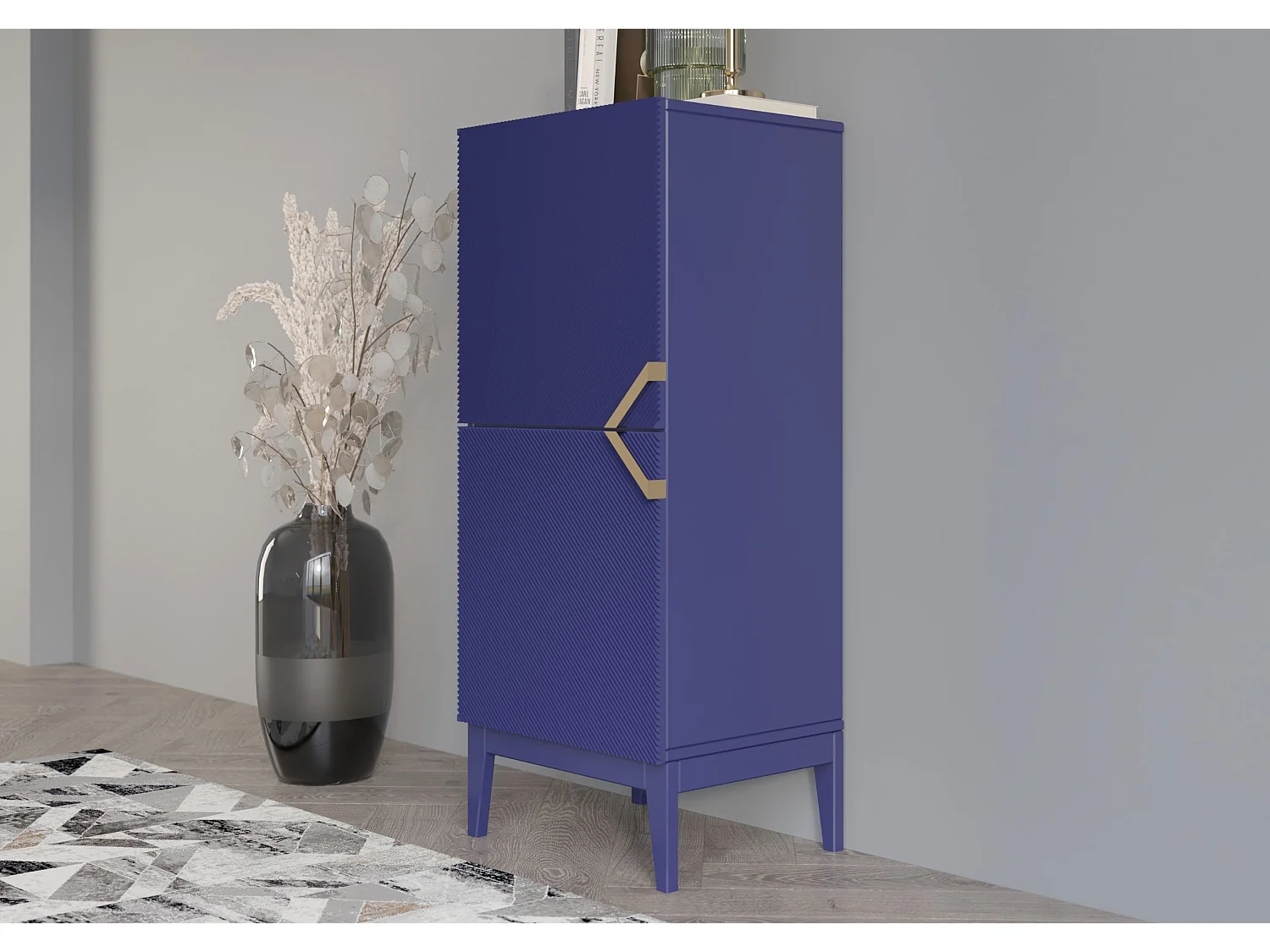 Highboard Demi 2d high, marinblau-gold, mit gefrästen fronten, massive buche