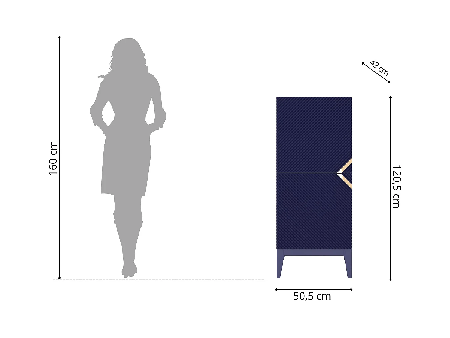Highboard Demi 2d high, marinblau-gold, mit gefrästen fronten, massive buche
