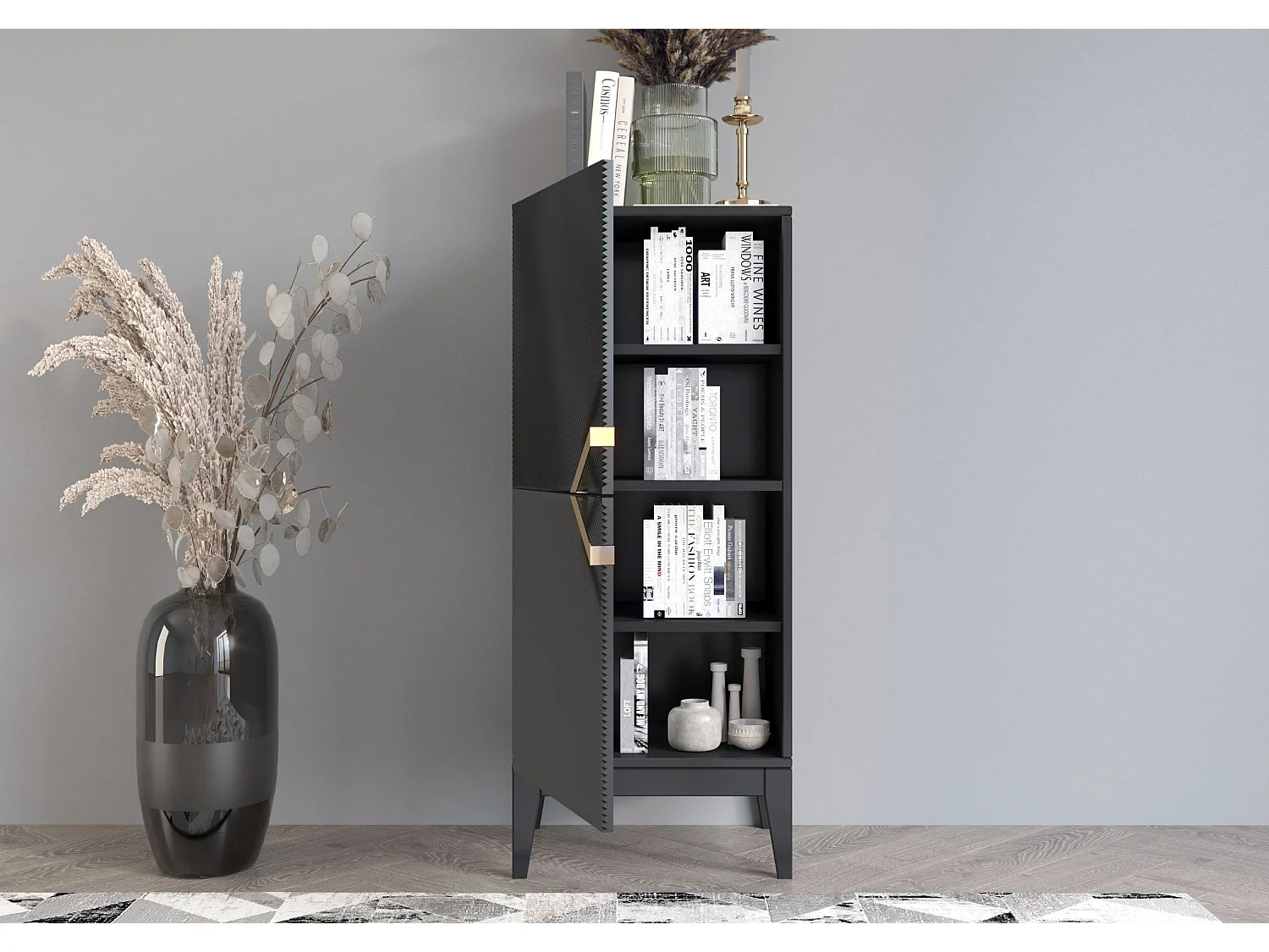 Highboard Demi 2d high, schwarz-gold, mit gefrästen fronten, massive buche