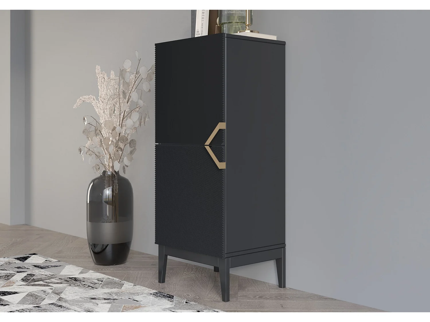 Highboard Demi 2d high, schwarz-gold, mit gefrästen fronten, massive buche