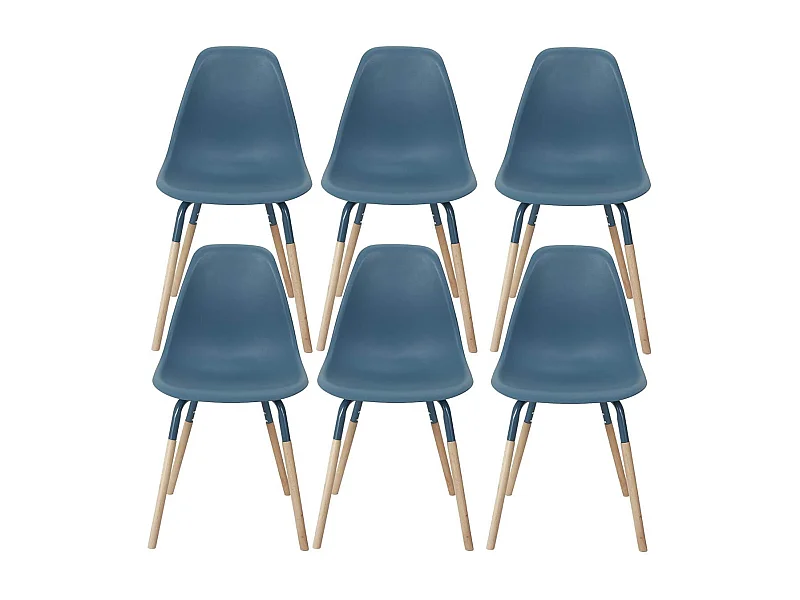 FLUK - Lot de 6 Chaises Polypropylène Bleu et Bois
