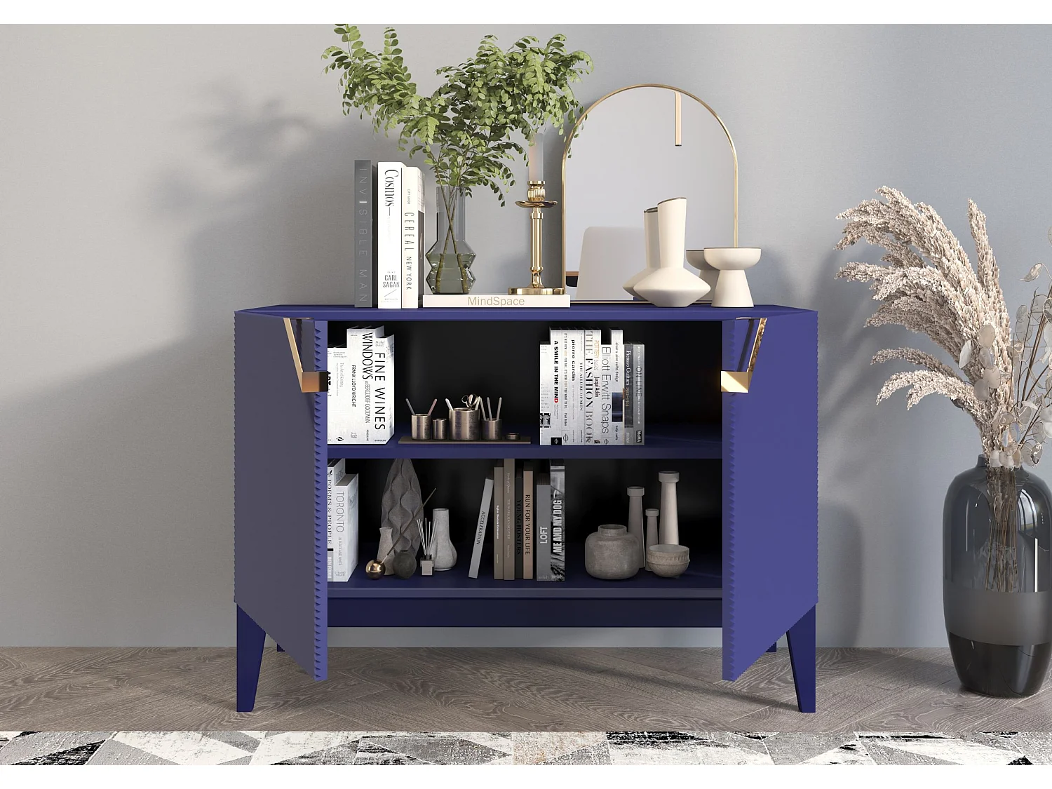 Sideboard Demi 2d long, marinblau-gold, mit gefrästen fronten, massive buche