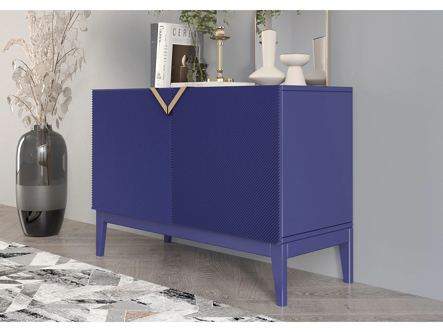 Sideboard Demi 2d long, marinblau-gold, mit gefrästen fronten, massive buche
