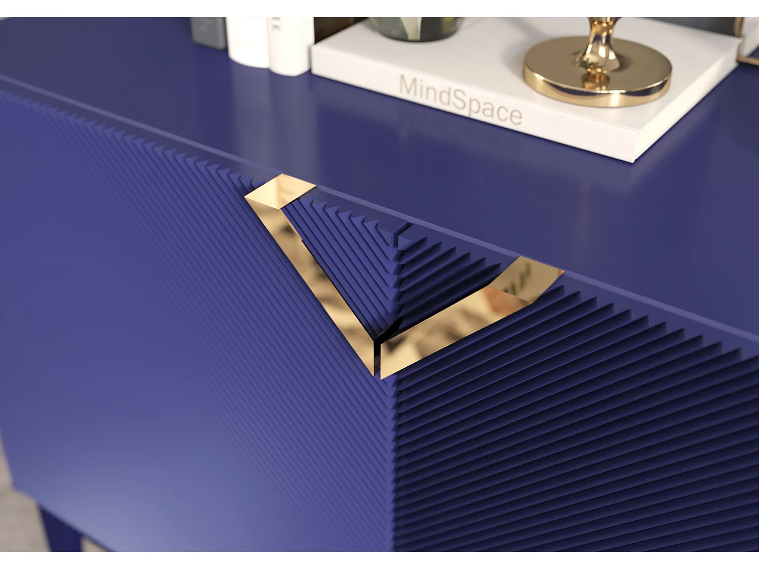 Sideboard Demi 2d long, marinblau-gold, mit gefrästen fronten, massive buche