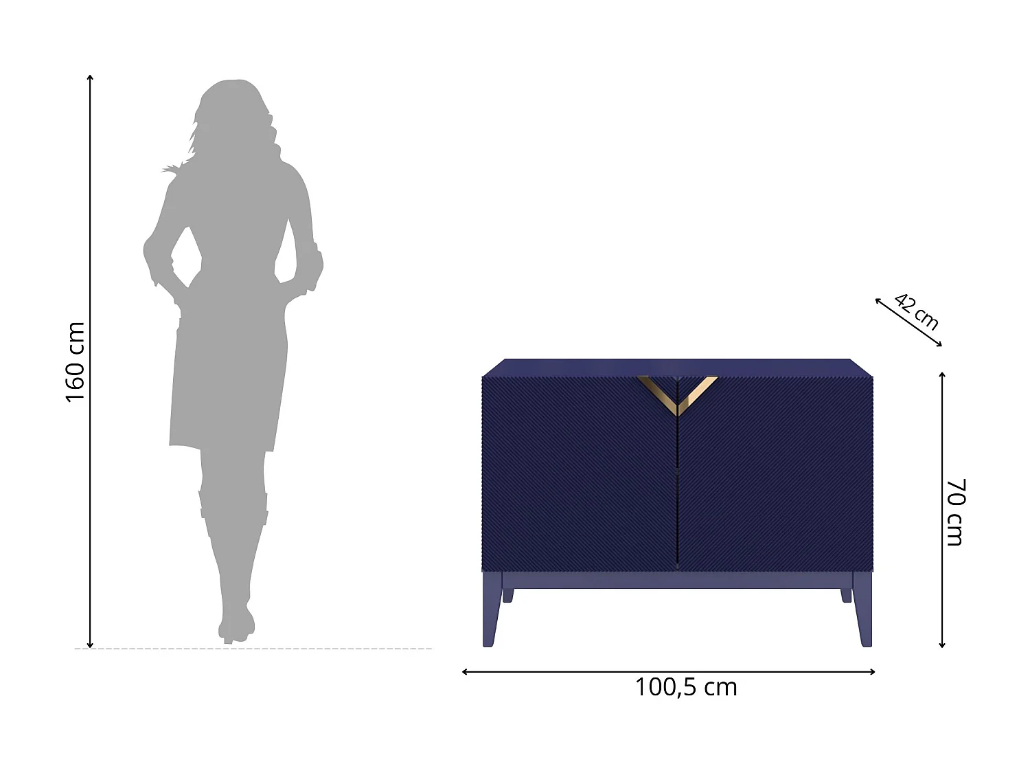 Sideboard Demi 2d long, marinblau-gold, mit gefrästen fronten, massive buche