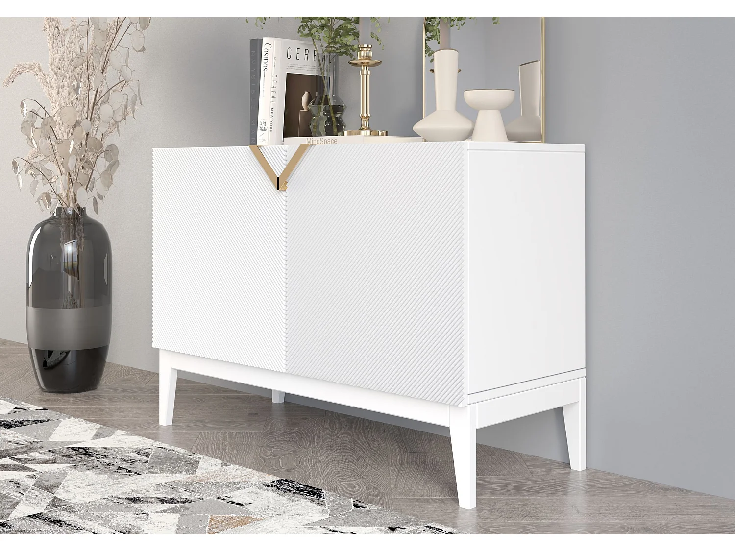 Drewniana komoda Visby DEMI LONG 2D / biały + białe nogi