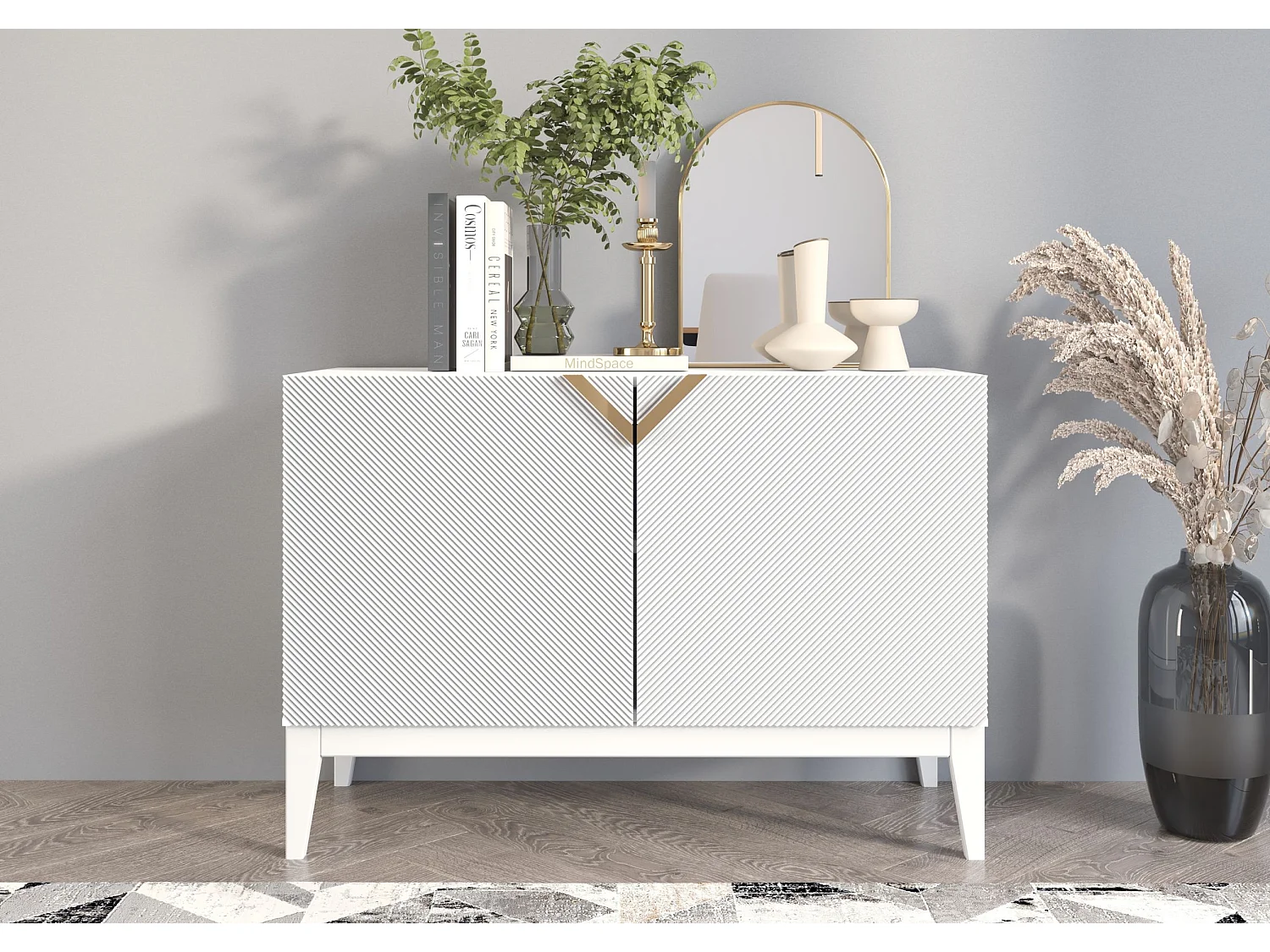 Sideboard Demi 2d long, weiß-gold, mit gefrästen fronten, massive buche