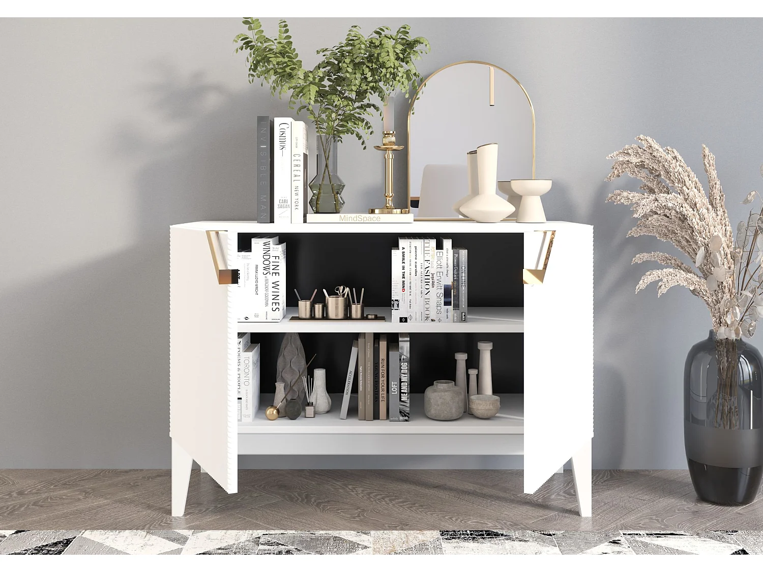 Sideboard Demi 2d long, weiß-gold, mit gefrästen fronten, massive buche