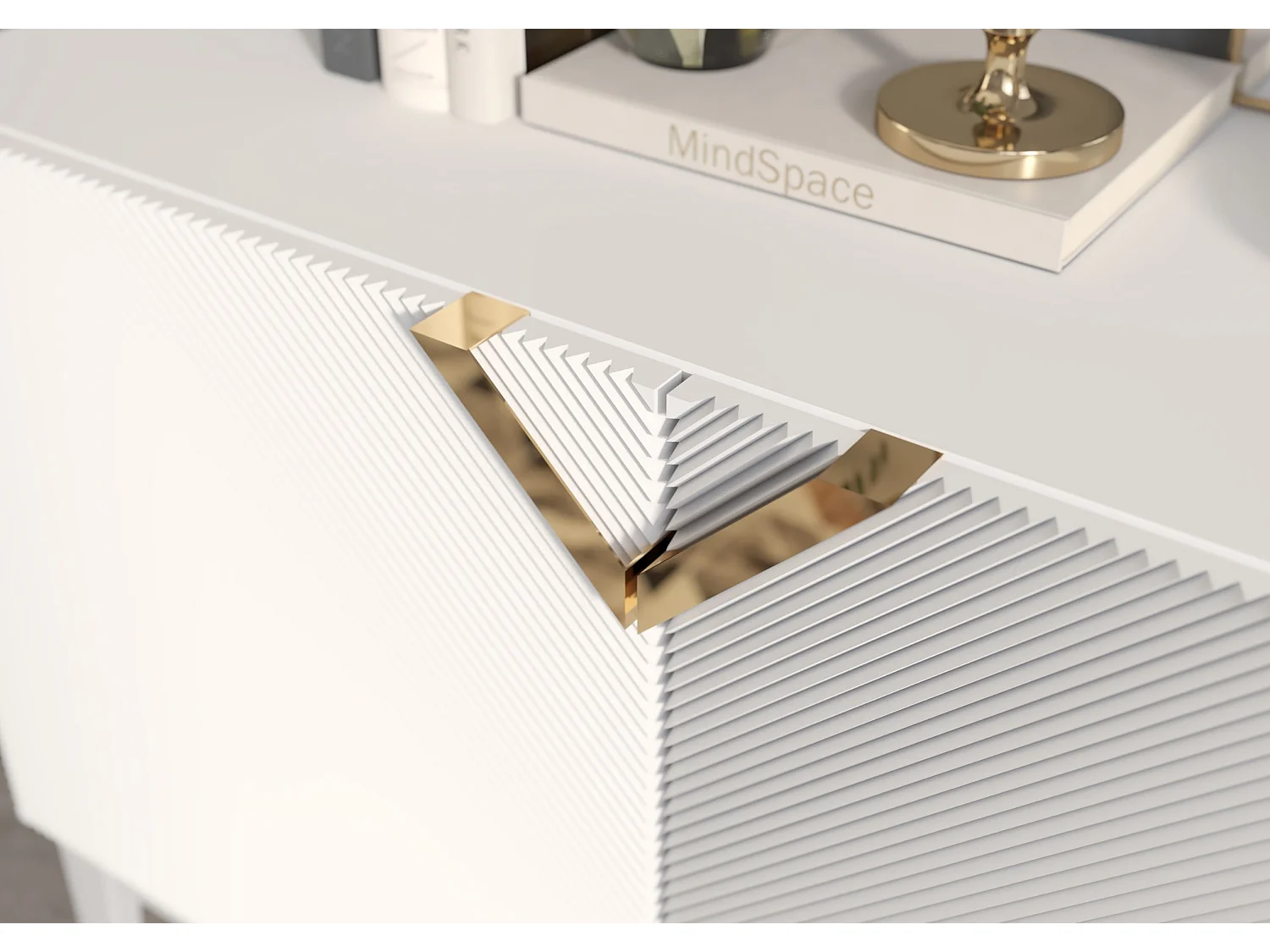 Sideboard Demi 2d long, weiß-gold, mit gefrästen fronten, massive buche