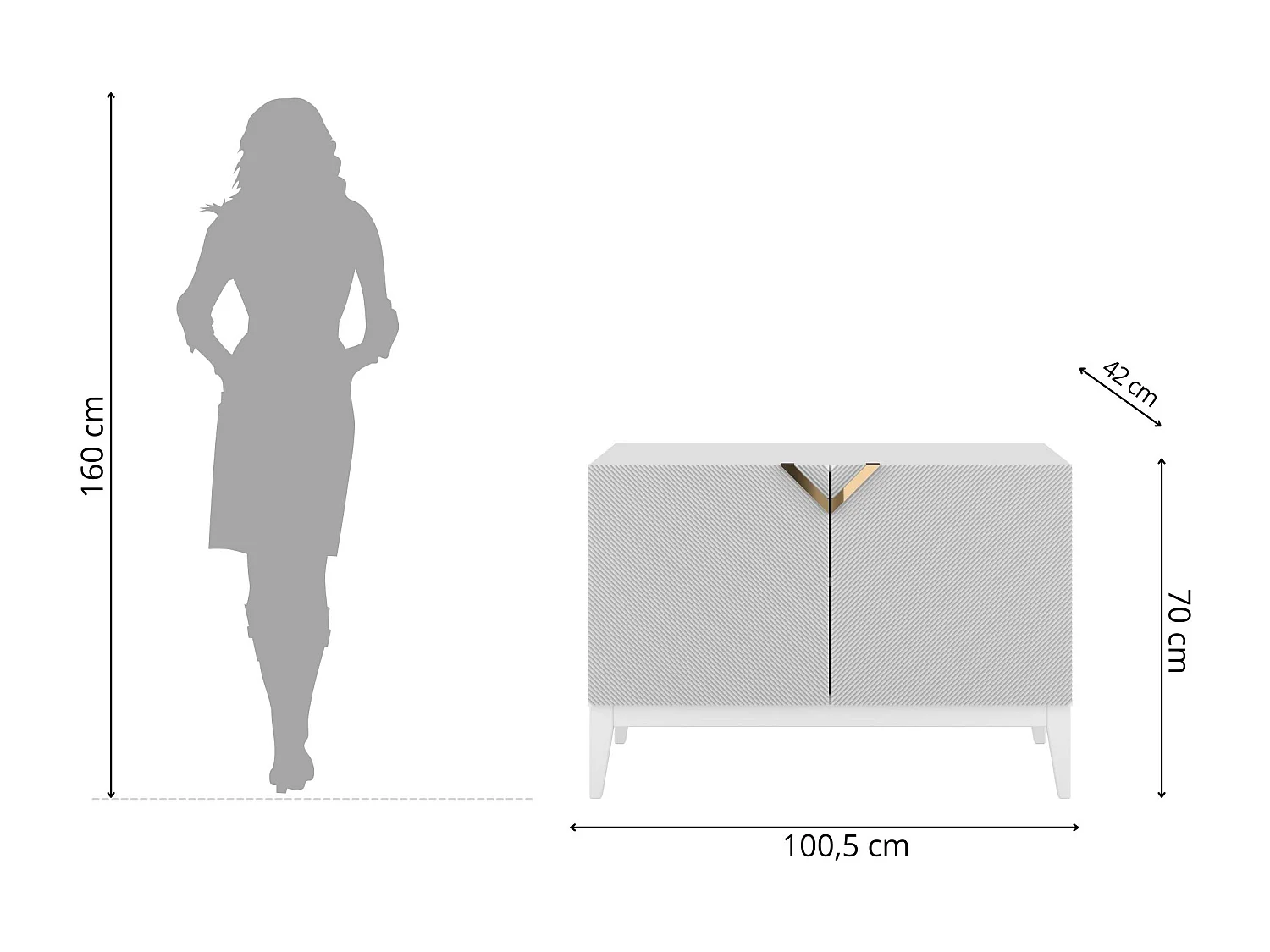 Sideboard Demi 2d long, weiß-gold, mit gefrästen fronten, massive buche