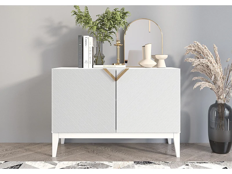 Sideboard Demi 2d long, weiß-gold, mit gefrästen fronten, massive buche