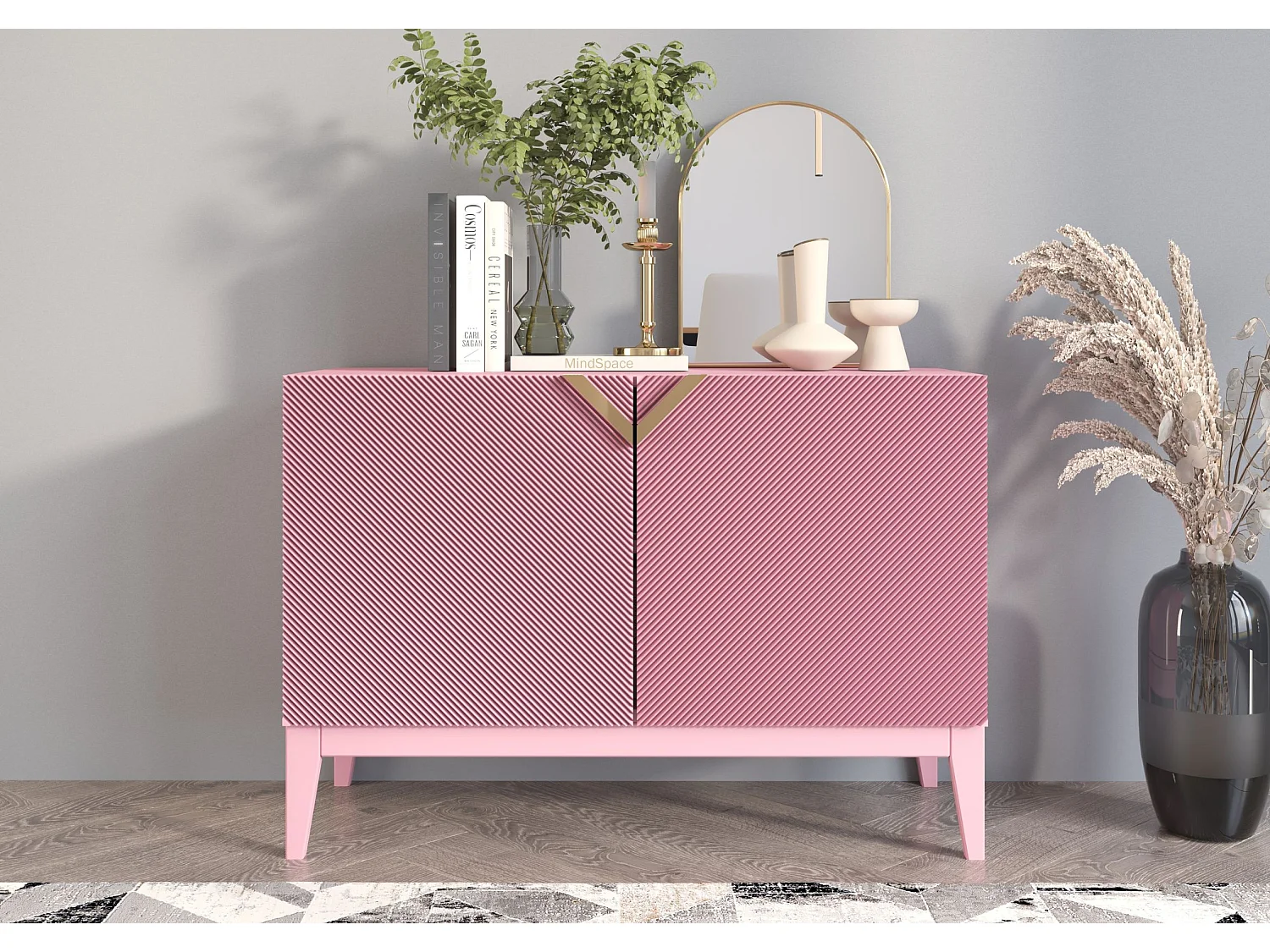 Sideboard Demi 2d long, pink-gold, mit gefrästen fronten, massive buche