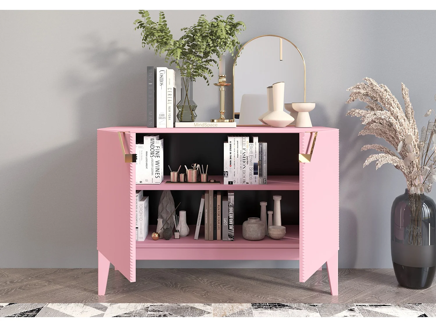 Sideboard Demi 2d long, pink-gold, mit gefrästen fronten, massive buche