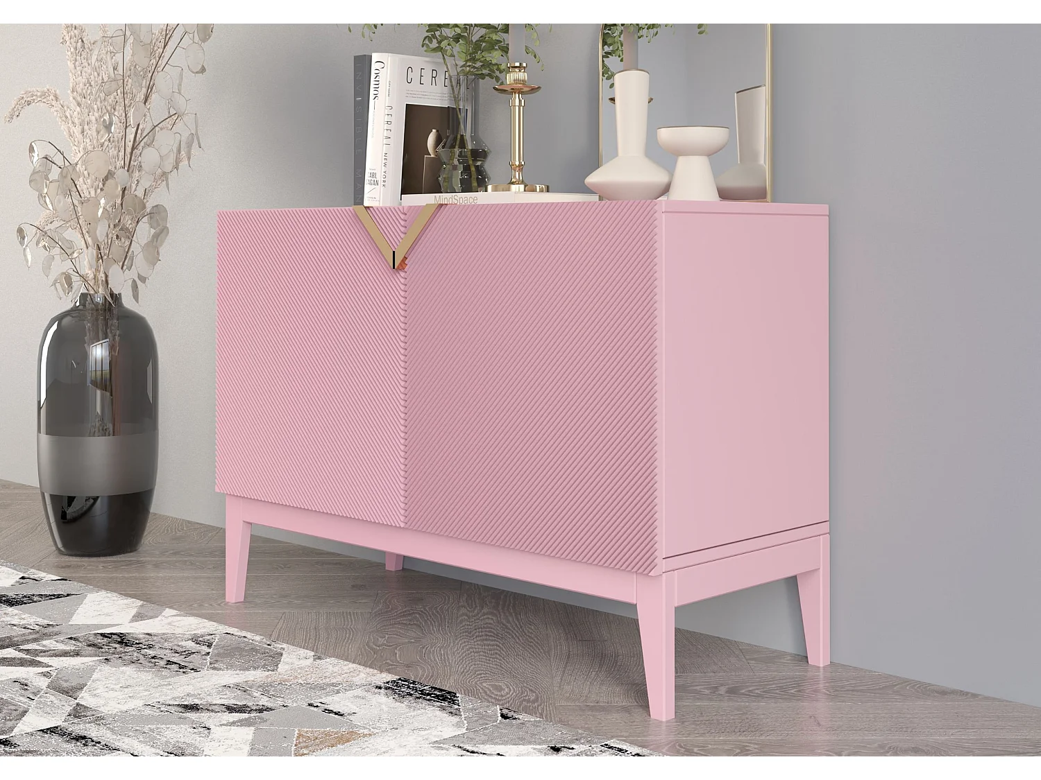 Sideboard Demi 2d long, pink-gold, mit gefrästen fronten, massive buche