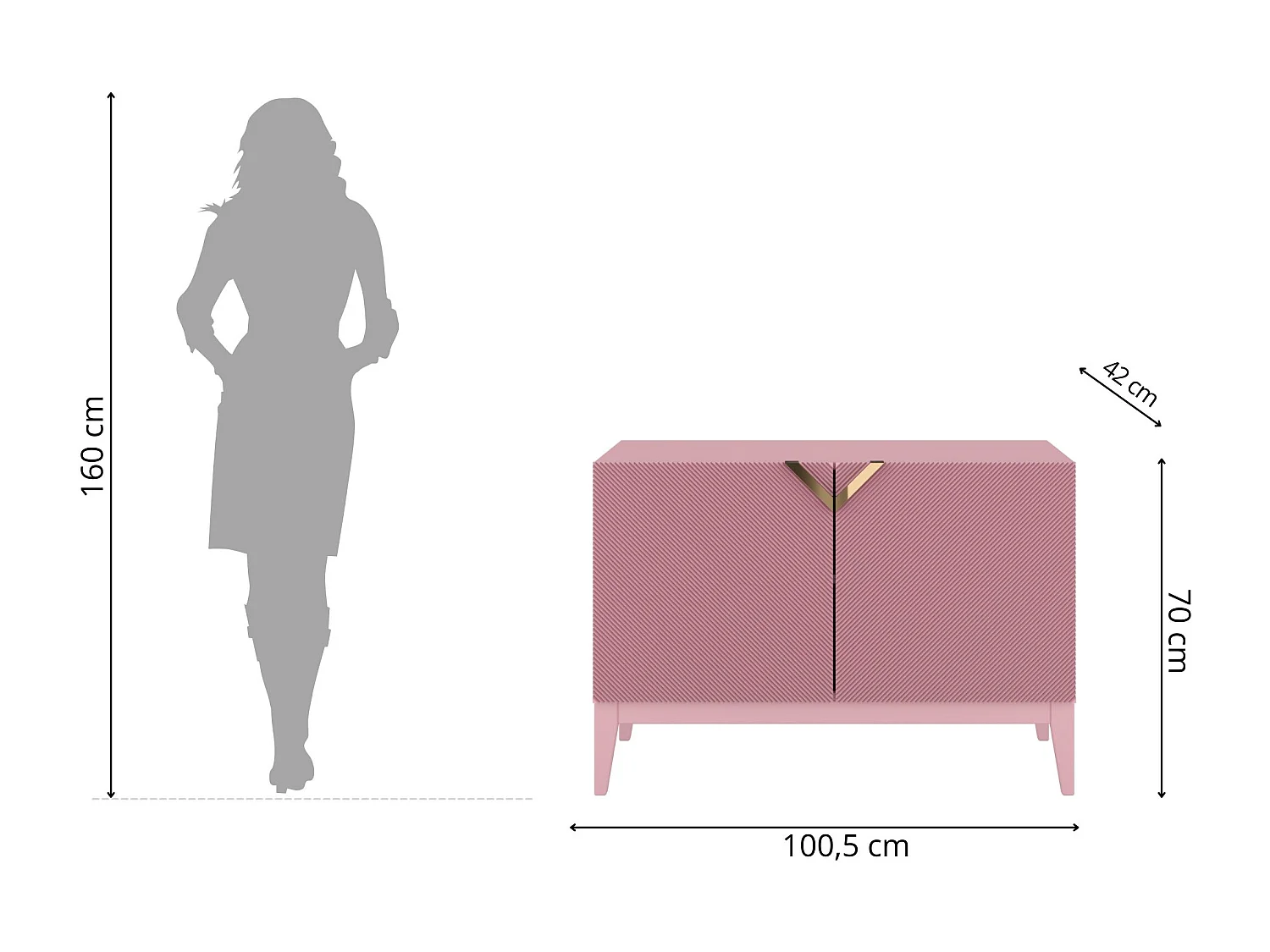 Sideboard Demi 2d long, pink-gold, mit gefrästen fronten, massive buche