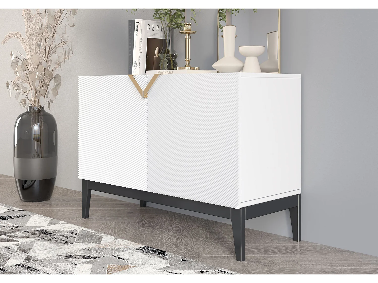 Sideboard Demi 2d long, weiß-schwarz-gold, mit gefrästen fronten, massive buche