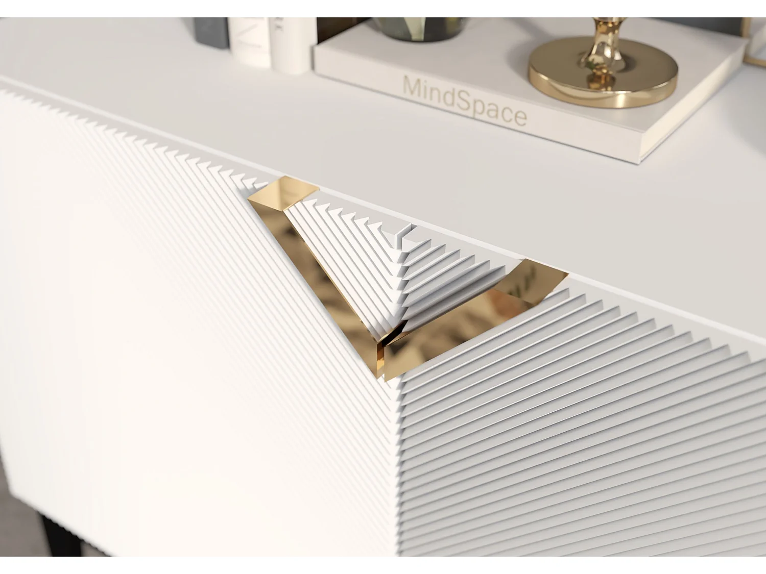 Sideboard Demi 2d long, weiß-schwarz-gold, mit gefrästen fronten, massive buche