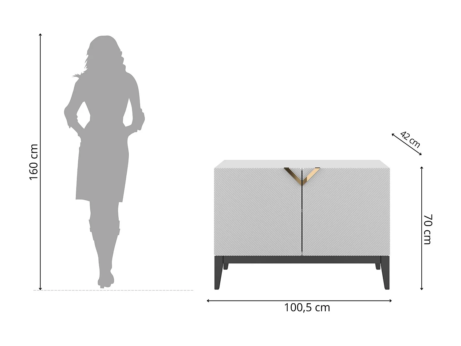 Sideboard Demi 2d long, weiß-schwarz-gold, mit gefrästen fronten, massive buche