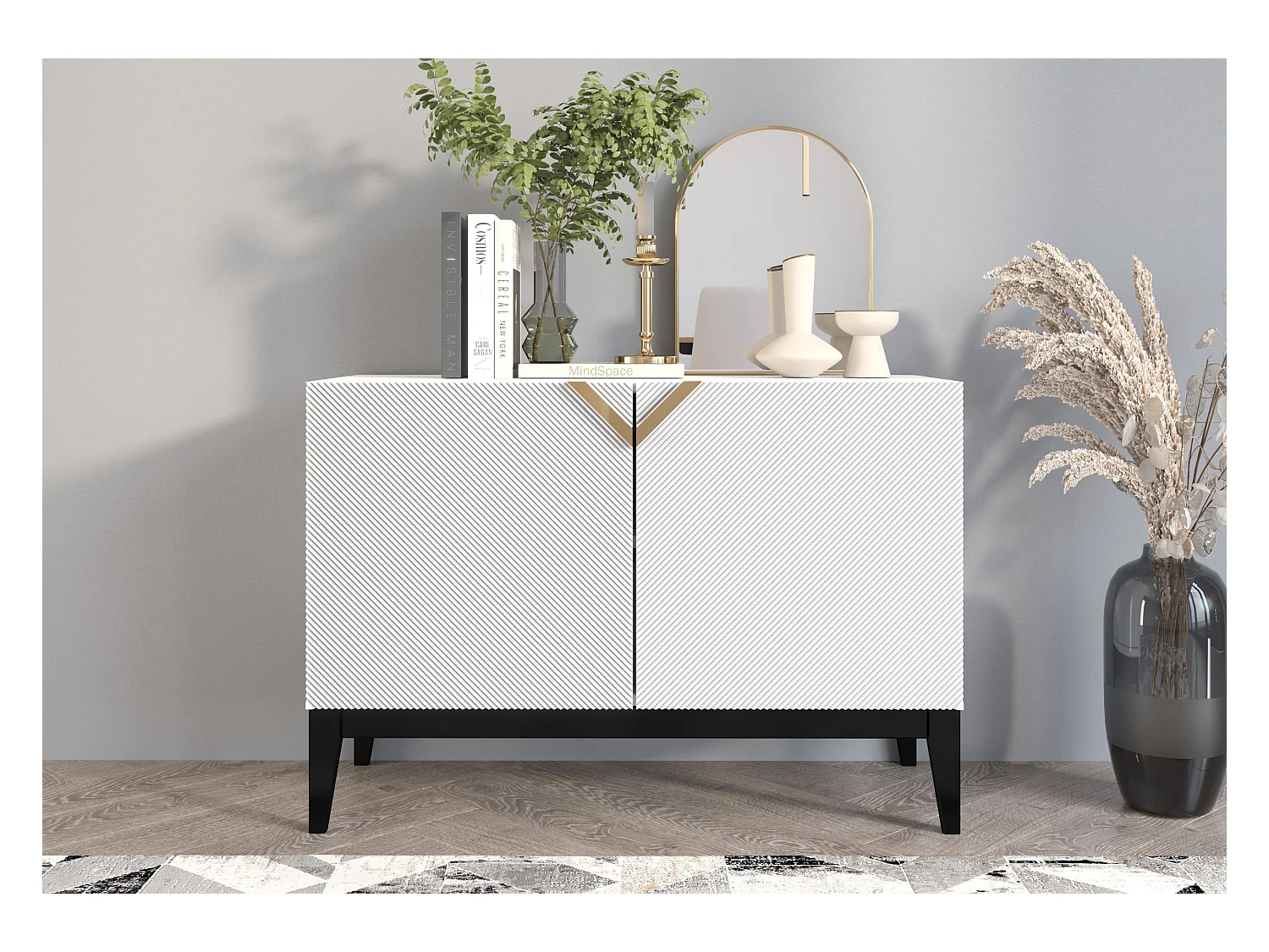 Buffet en bois DEMI LONG 2D / blanche + pieds noirs / 100,5 cm