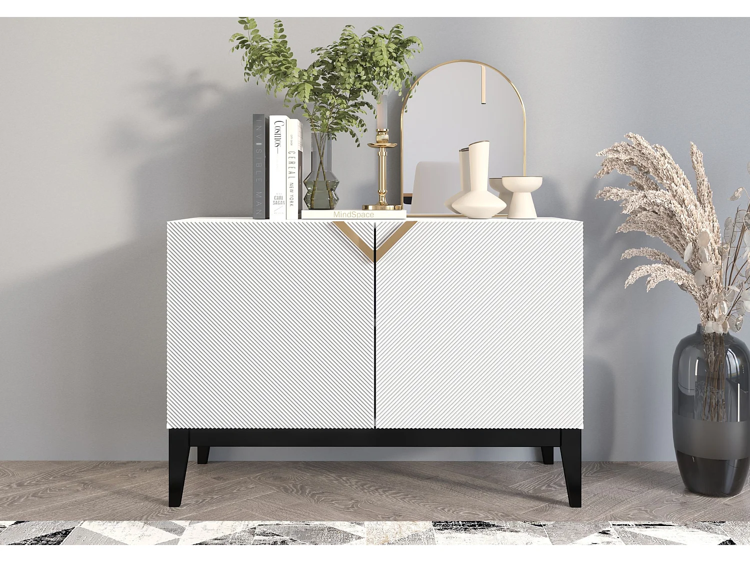 Sideboard Demi 2d long, weiß-schwarz-gold, mit gefrästen fronten, massive buche