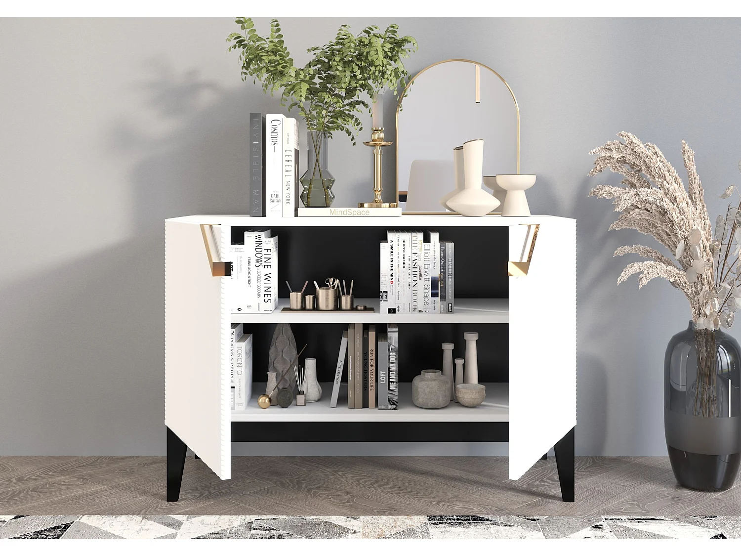 Sideboard Demi 2d long, weiß-schwarz-gold, mit gefrästen fronten, massive buche