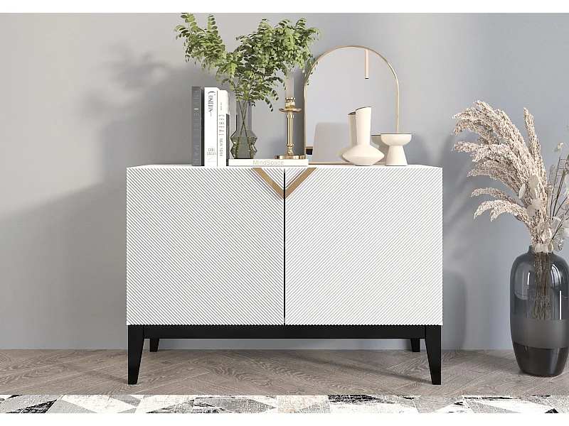 Sideboard Demi 2d long, weiß-schwarz-gold, mit gefrästen fronten, massive buche