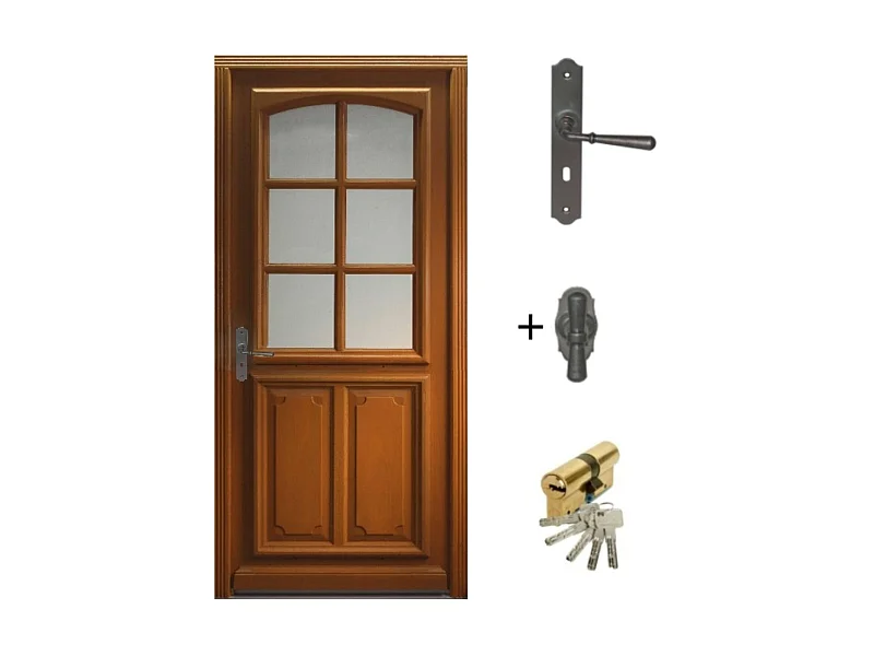 Porte d'entree Bois vitree, Marine, H,200xl,80  p, droit + Poignee Et Barillet (ref 010403RFP)Cotes Tableau