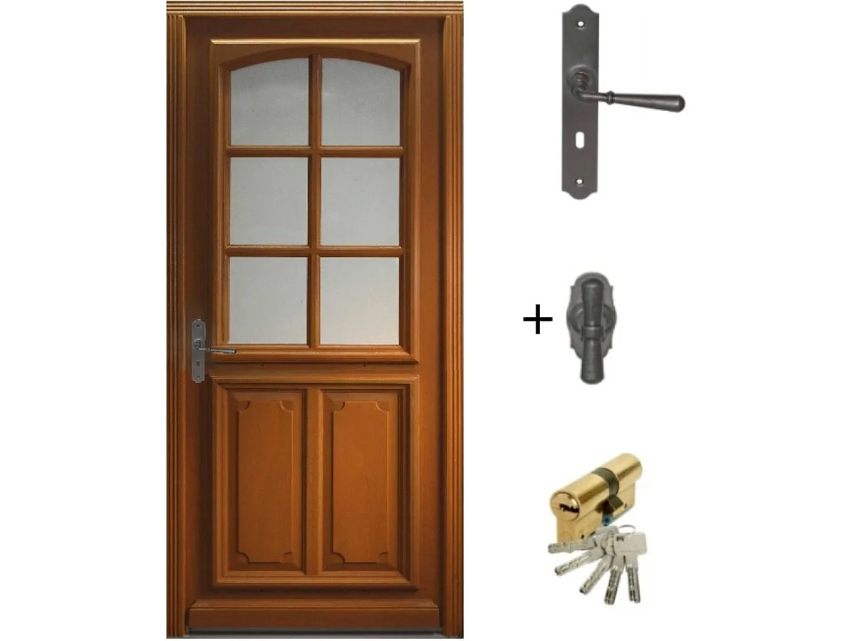 Porte d'entree Bois vitree, Marine, H,200xl,80  p, droit + Poignee Et Barillet (ref 010403RFP)Cotes Tableau