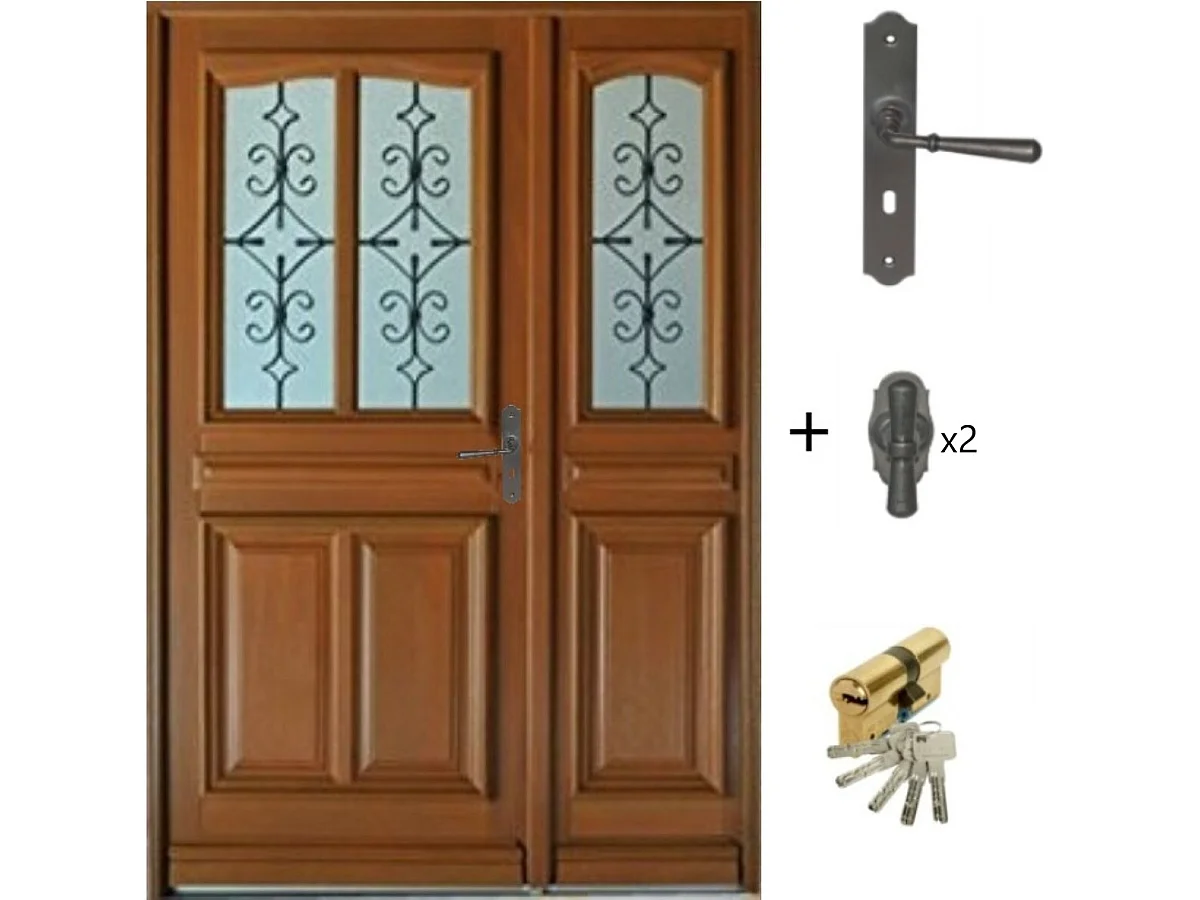 Porte D'entrée Bois Tiercée Vitrée Vauban H.215xl.130 P,gauche, Poignée, Barillet Côte Tableau Gd Menuiseries