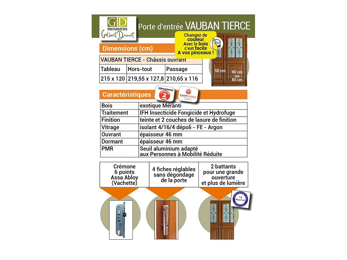 Porte d'entree Bois Tiercee vitree Vauban H215 x L120 p,gauche + Poignee Et Barillet (ref 010403RFP) Cotes Tableau