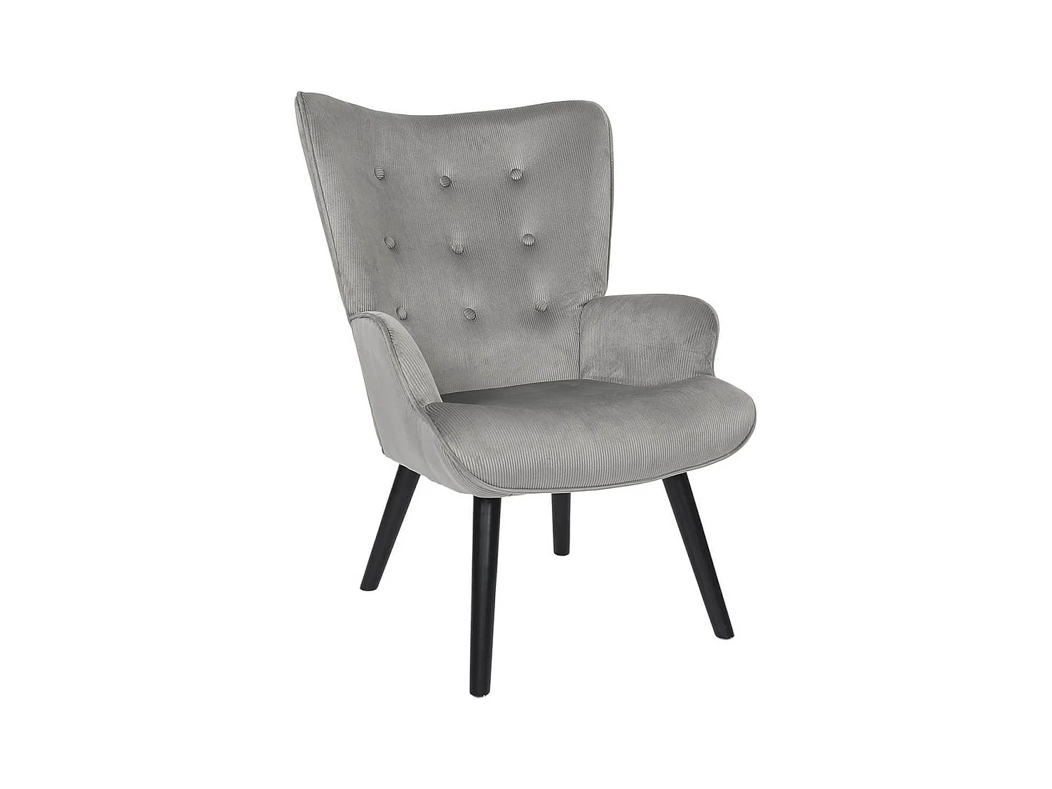 HAMZA - Fauteuil Tissu velours côtelé gris clair et piétement hévéa laqué noir