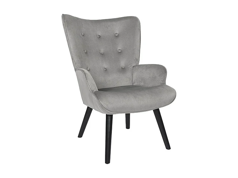 HAMZA - Fauteuil Tissu velours côtelé gris clair et piétement hévéa laqué noir