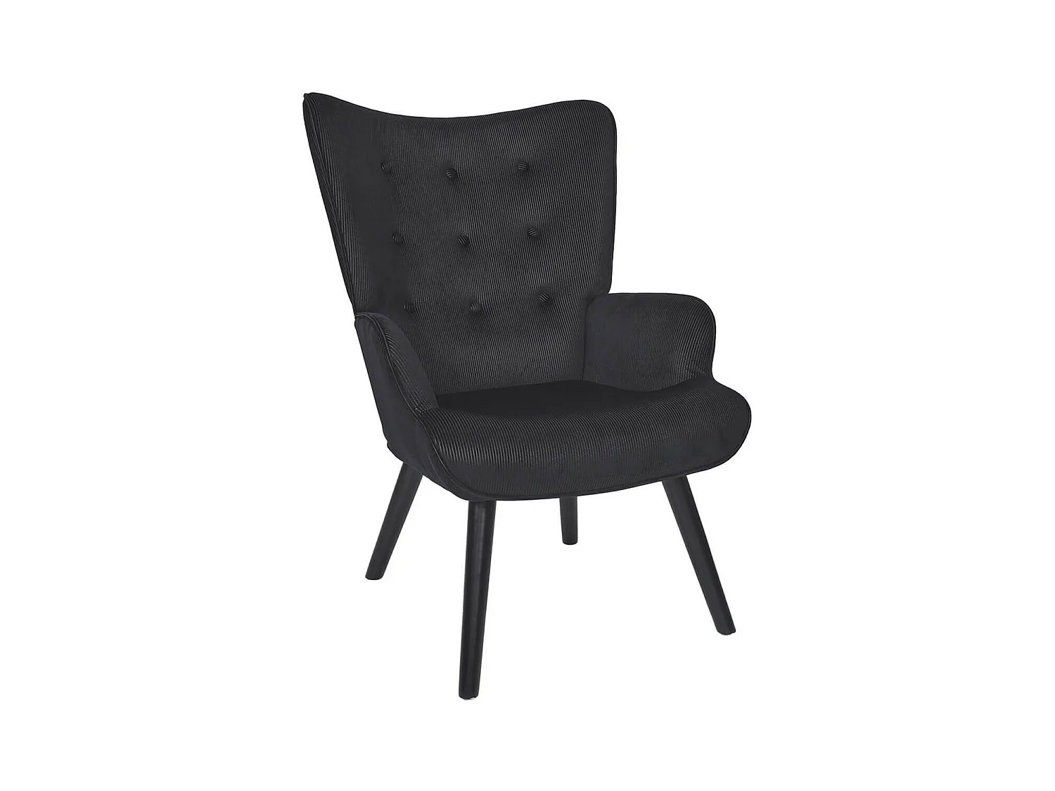 HAMZA - Fauteuil Tissu velours côtelé noir et piétement hévéa laqué noir