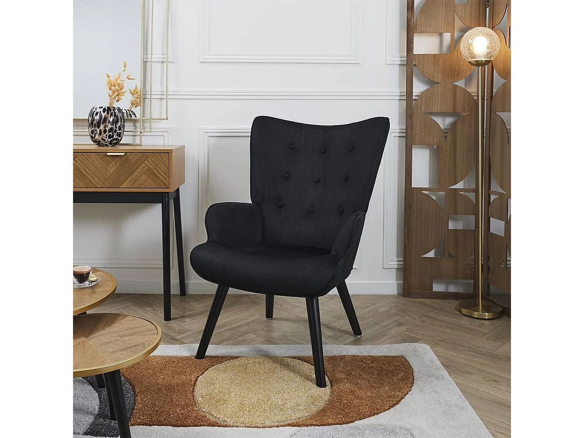 HAMZA - Fauteuil Tissu velours côtelé noir et piétement hévéa laqué noir