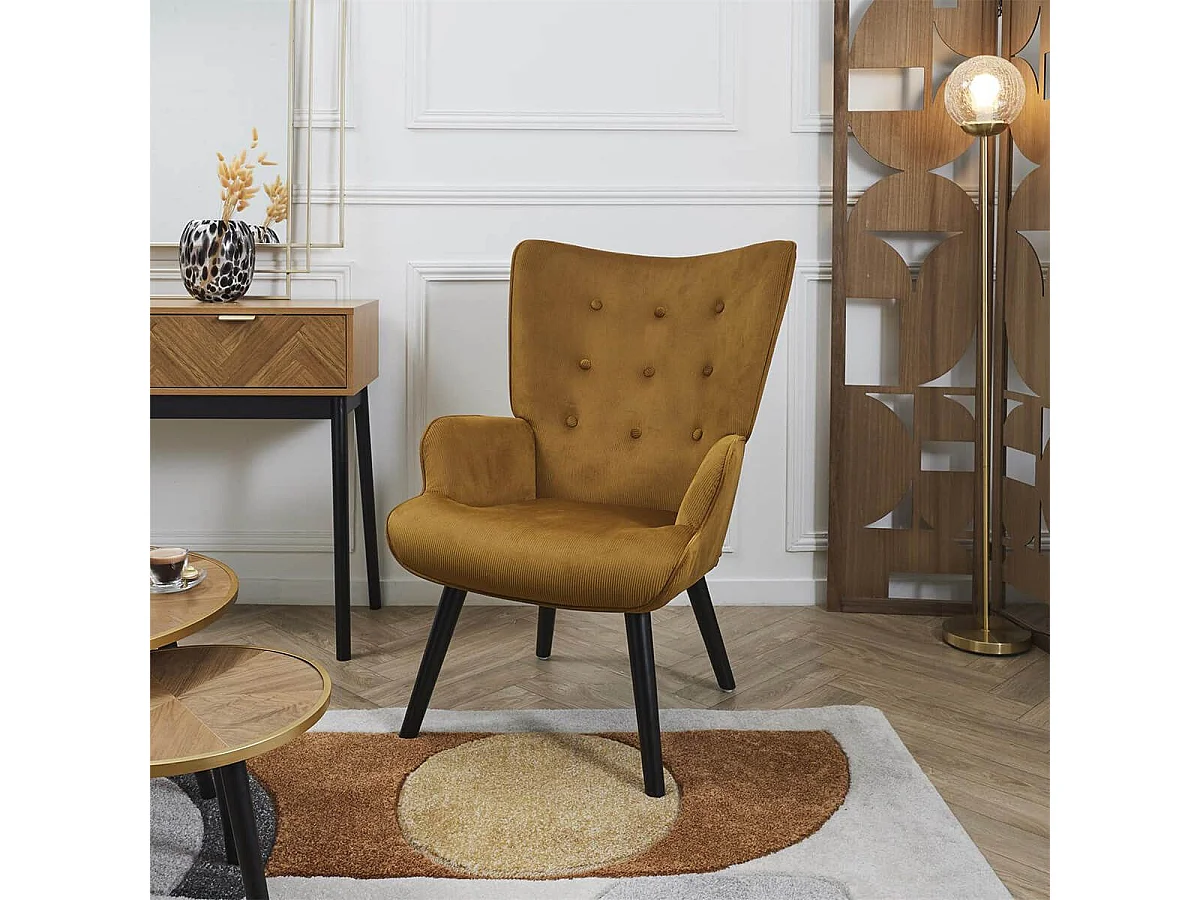 HAMZA - Fauteuil Tissu velours côtelé moutarde et piétement hévéa laqué noir