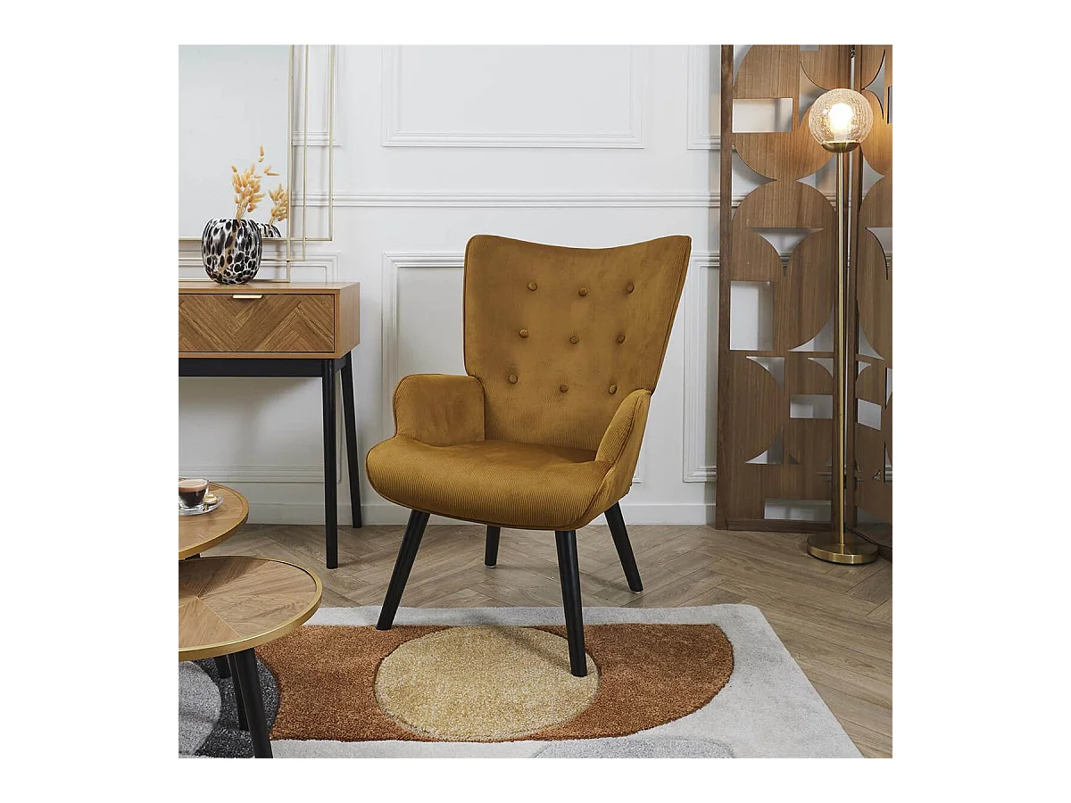 HAMZA - Fauteuil Tissu velours côtelé moutarde et piétement hévéa laqué noir
