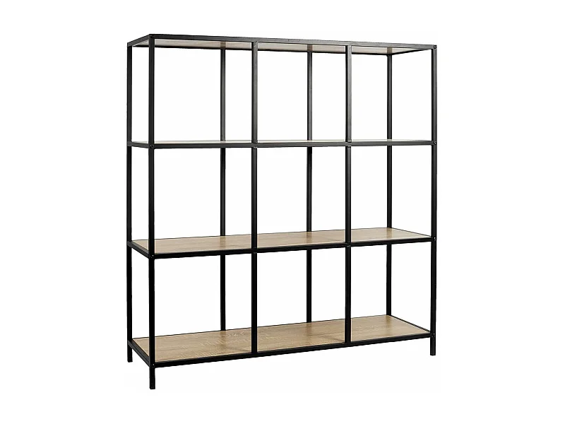 ELIAS - Etagère 9 cases en métal noir et plateaux MDF aspect bois