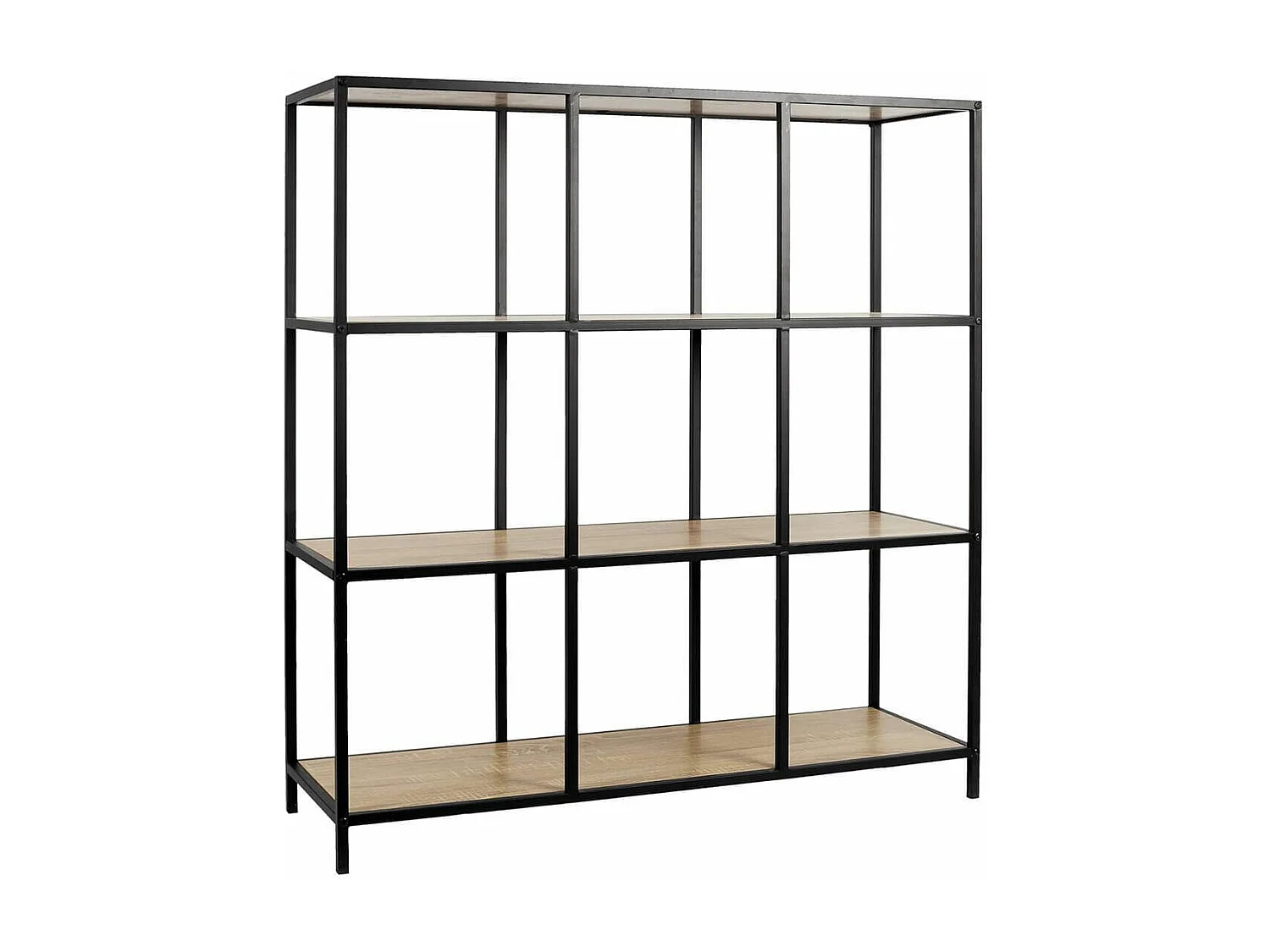 ELIAS - Etagère 9 cases en métal noir et plateaux MDF aspect bois