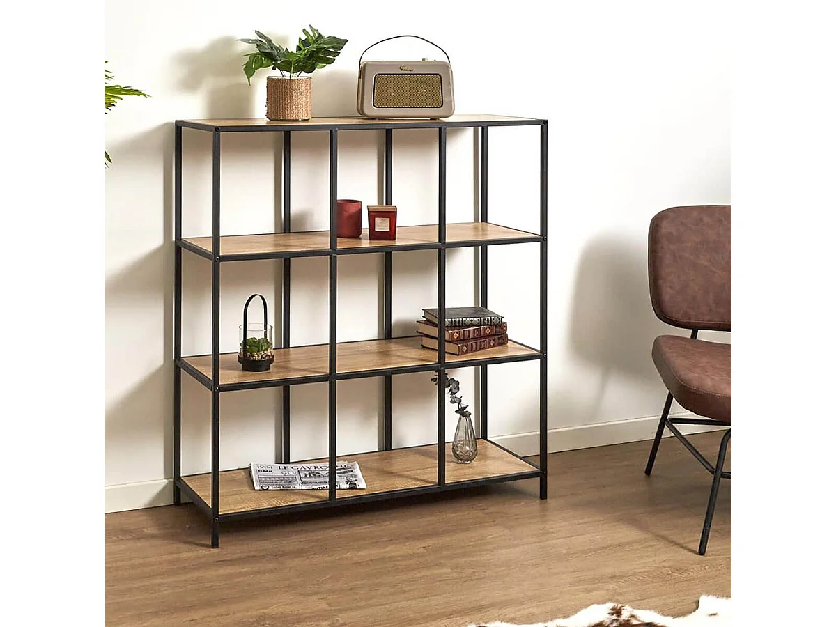 ELIAS - Etagère 9 cases en métal noir et plateaux MDF aspect bois