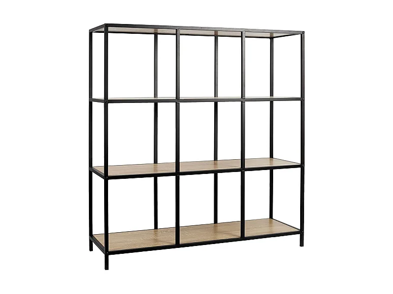 ELIAS - Etagère 9 cases en métal noir et plateaux MDF aspect bois