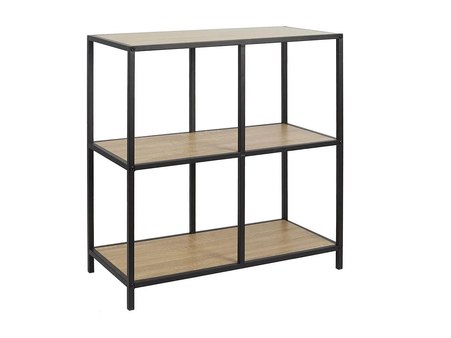 ELIAS - Etagère 4 cases en métal noir et plateaux MDF aspect bois