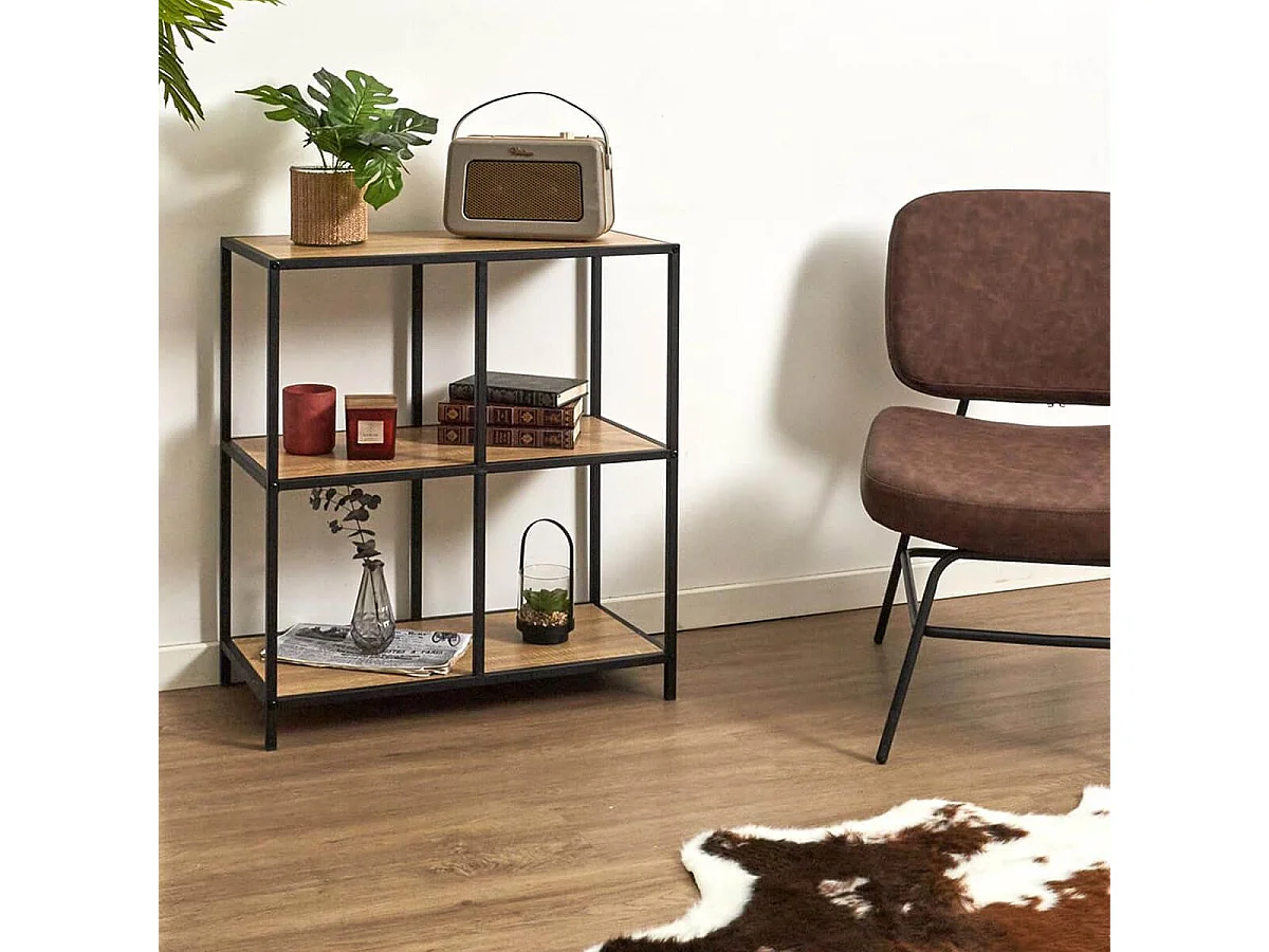 ELIAS - Etagère 4 cases en métal noir et plateaux MDF aspect bois